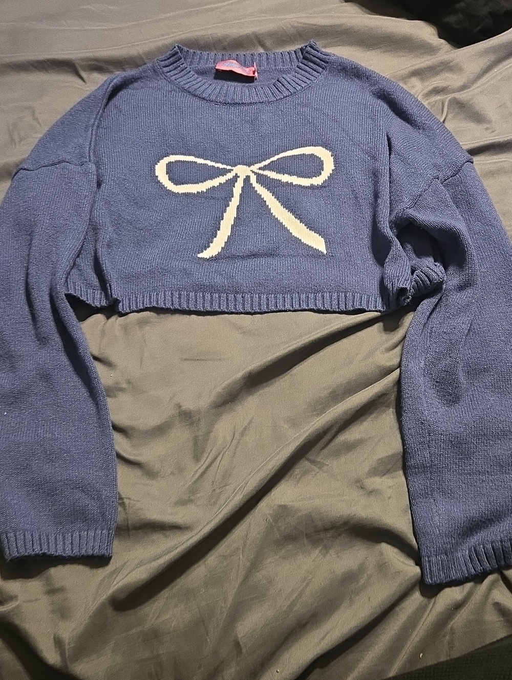 Cropped Crewneck Sweater with Cream Bow - Women Sweaters